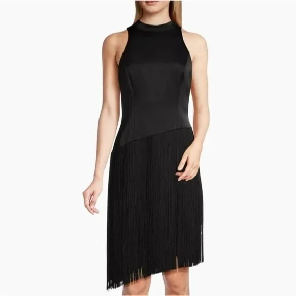 Liv Foster Mock Neck Sleeveless Midi Asymmetrical Fringe Crepe Dress Size 8 New - Picture 5 of 16